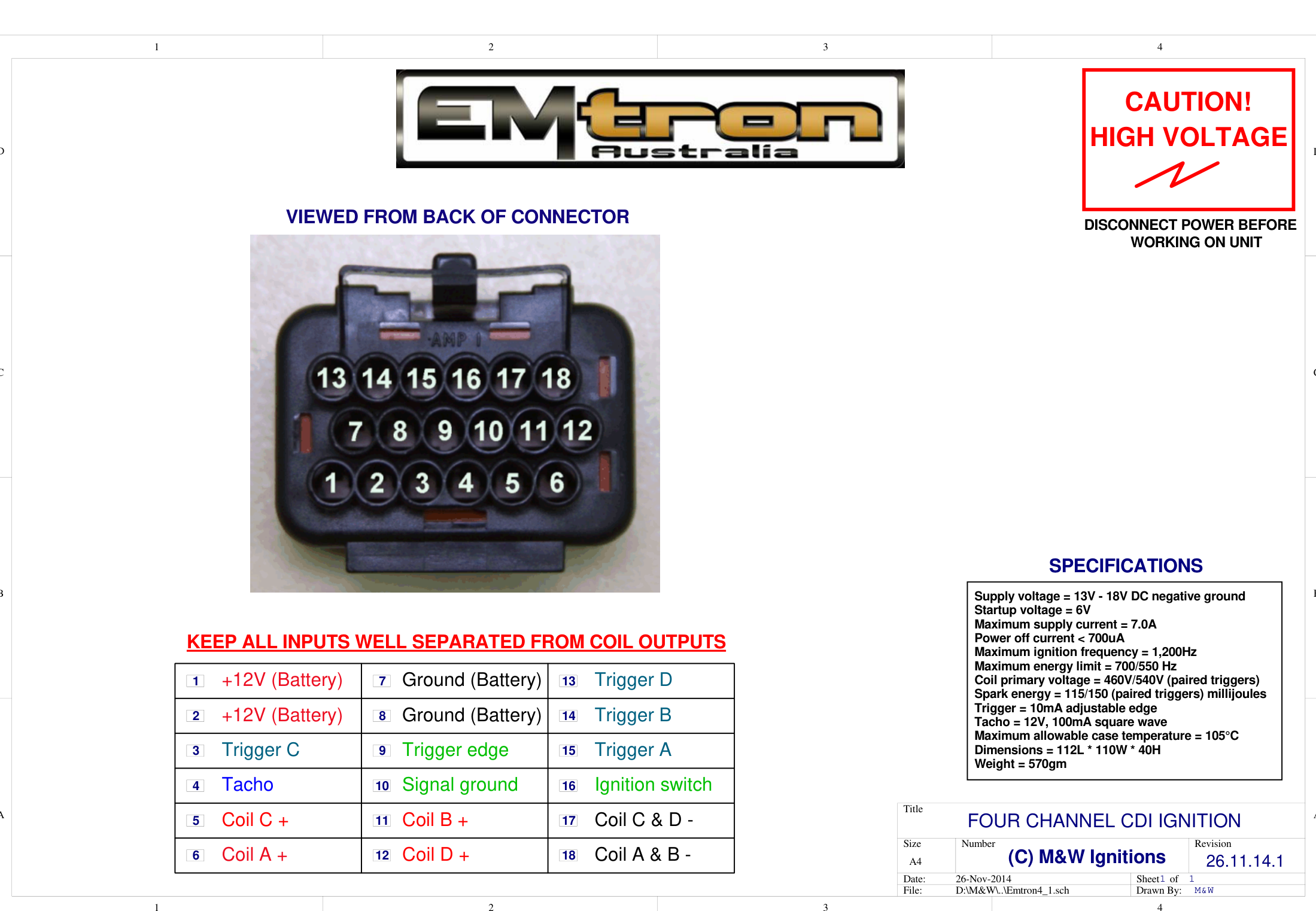 Emtron CDI4 18-pin connector pinout (viewed from back of connector) and specifications.