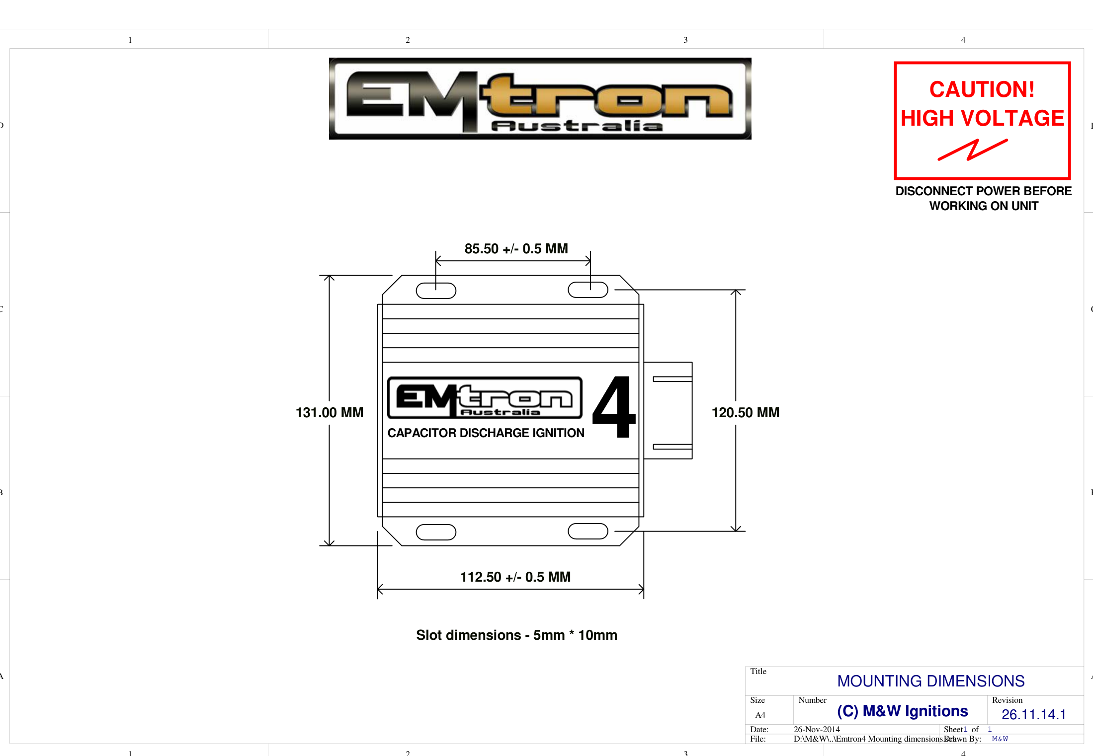 Emtron CDI4 mounting dimensions (slot dimensions 5mm × 10mm).