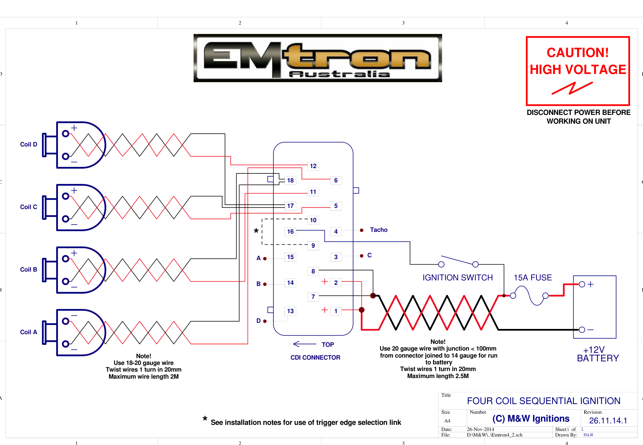 Four-coil sequential ignition wiring. Use 18-20 gauge wire, twist 1 turn in 20mm, with junction < 100mm from the connector joined to 14 gauge for the run to the battery (max length 2.5M).