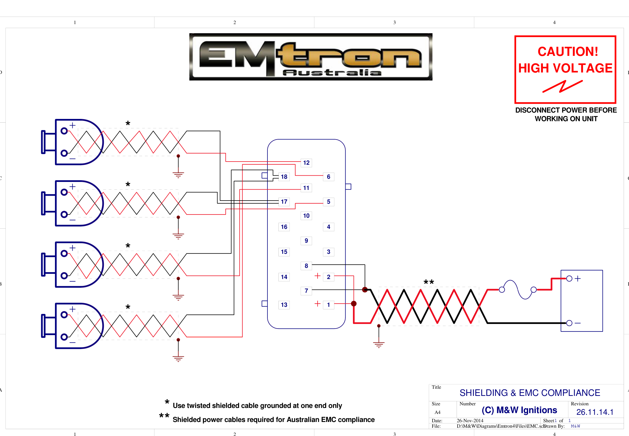 Shielding for Australian EMC compliance — shielded power cables required; use twisted shielded cable grounded at one end only.