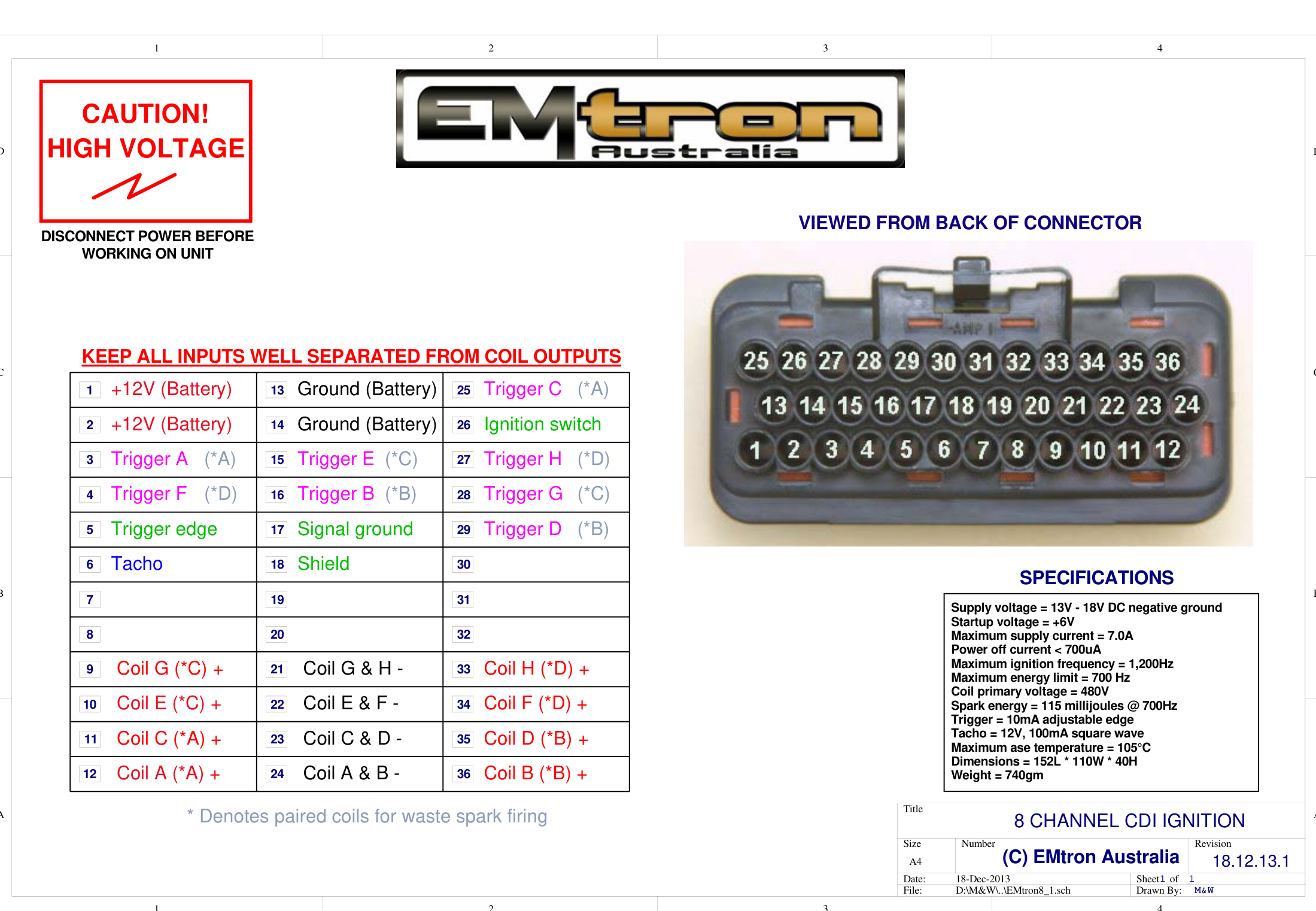 Emtron CDI8b 36-pin connector pinout (viewed from back of connector). * denotes paired coils for wasted spark firing.