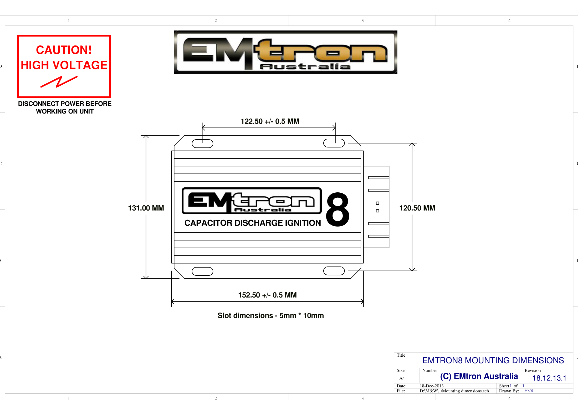 Emtron CDI8b mounting dimensions (slot dimensions 5mm × 10mm).