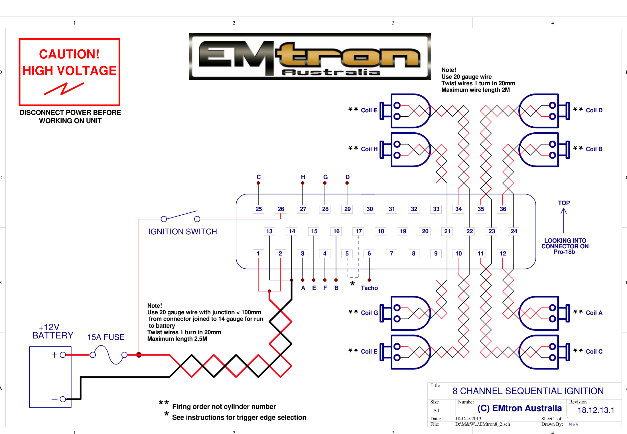 8 channel sequential ignition wiring (firing order, not cylinder number). Use 20 gauge wire twisted 1 turn in 20mm, junction < 100mm from connector joined to 14 gauge for the run to battery (max 2.5M).