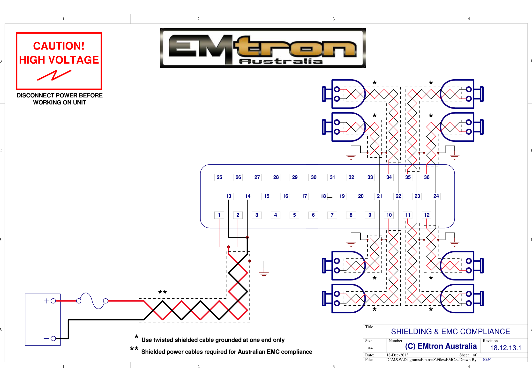 Shielding for Australian EMC compliance — shielded power cables required; use twisted shielded cable grounded at one end only.