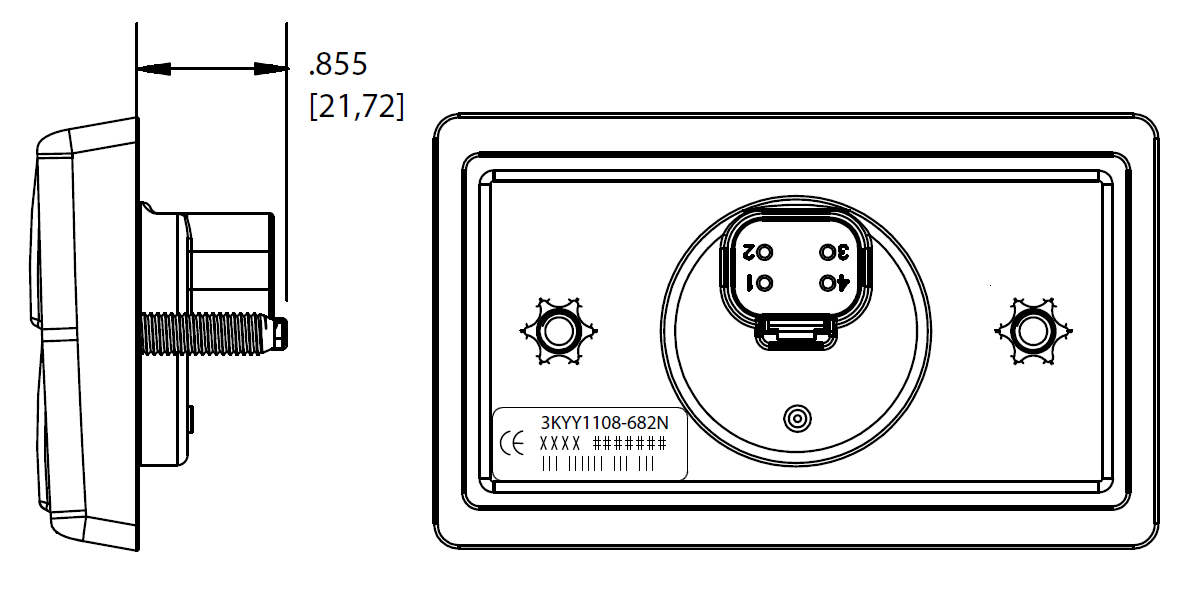 Figure 1.2 / 1.3 — Rear & side view of the keypad showing mounting stud positions and installed orientation with button numbers.