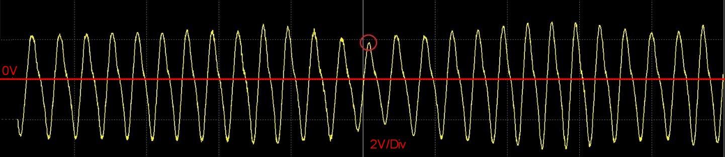 Oscilloscope capture of a magnetic sensor signal (2 V/Div). The red circle marks the lowest amplitude point used to calculate the arming threshold (60% of 1.9 V = 1.1 V).