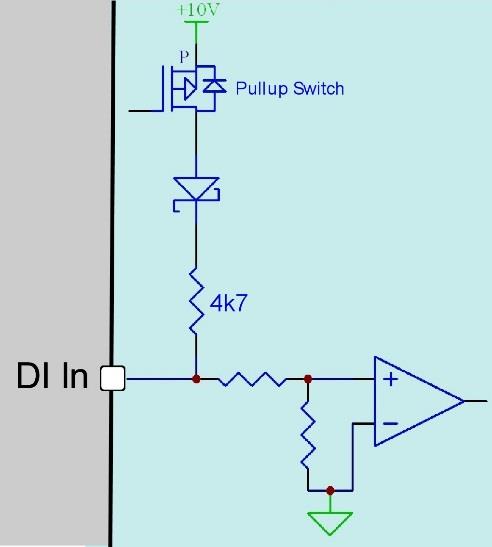 Switched input stage with switchable 4k7 pull-up and comparator.