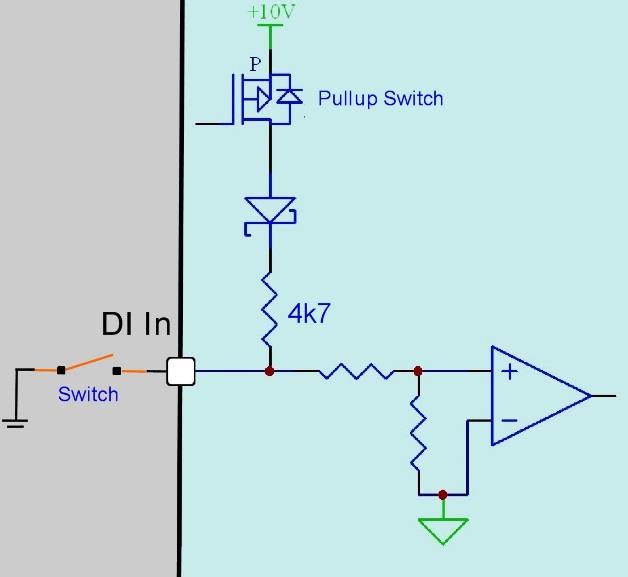 Switch to Ground — pull-up switched ON; the switch pulls the input to 0V.
