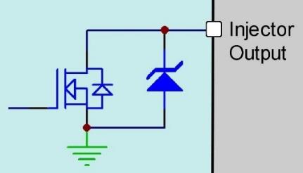 Saturated injector driver with 70 V flyback voltage clamp.