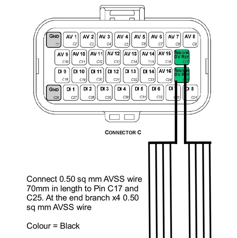 Connect a 0.50 sq mm AVSS wire, 70mm in length, to Pins C17 and C25. At the end, branch into x4 0.50 sq mm AVSS wires. Colour = Black.