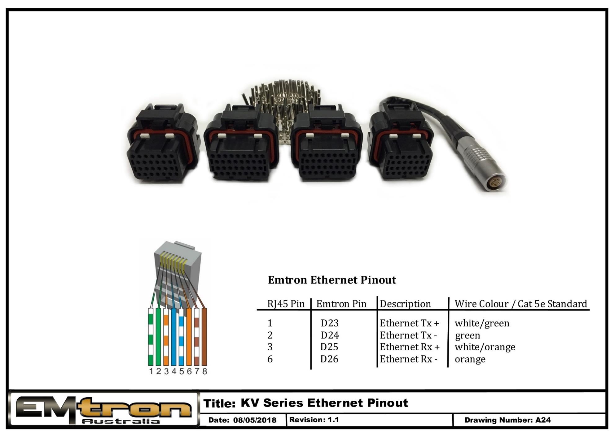 KV Series Ethernet wiring / tuning cable pinout (drawing A24).