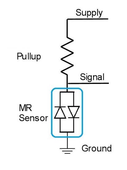 MR sensor wiring — powered through a pullup resistor from the supply, with the signal taken between the pullup and the sensor.