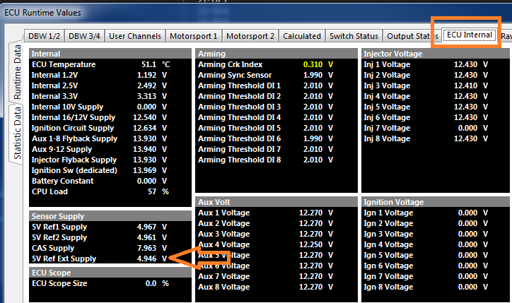 ECU Internal runtimes — the measured 5V Ref Ext Supply value used for the ratiometric correction.