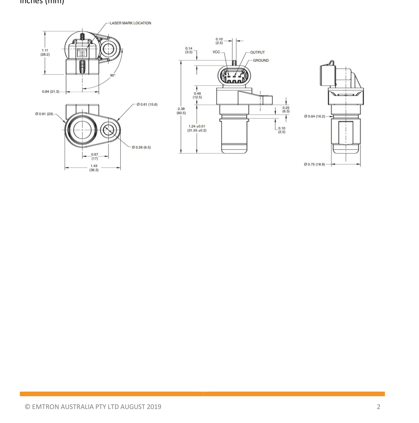 Gear Tooth Sensor dimensions and connector wiring — inches (mm).