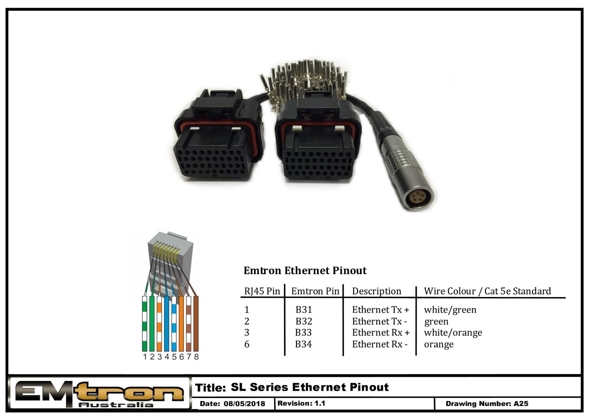 SL Series Ethernet wiring / tuning cable pinout (drawing A25).