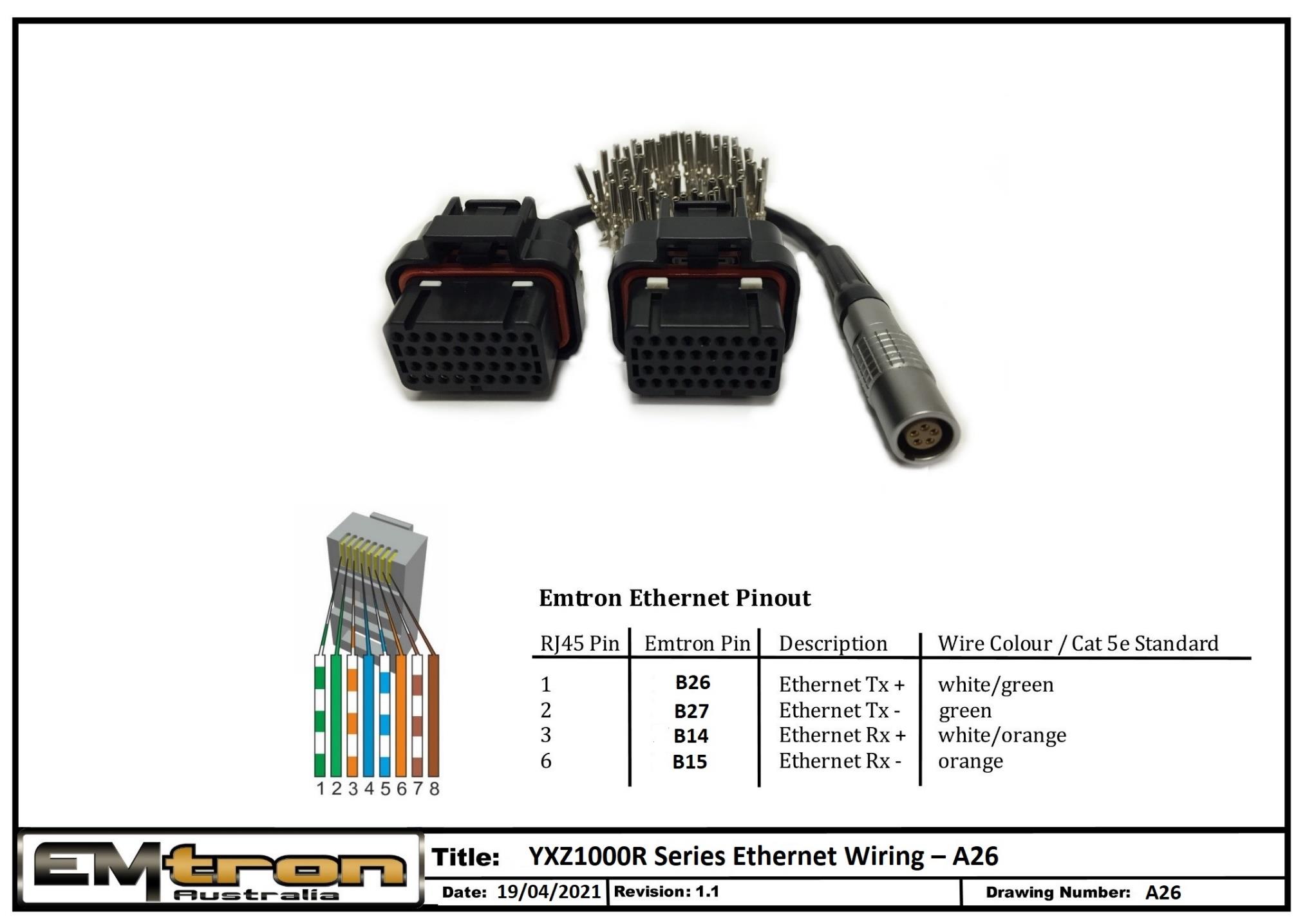 YXZ1000R Series Ethernet wiring / tuning cable pinout (drawing A26).